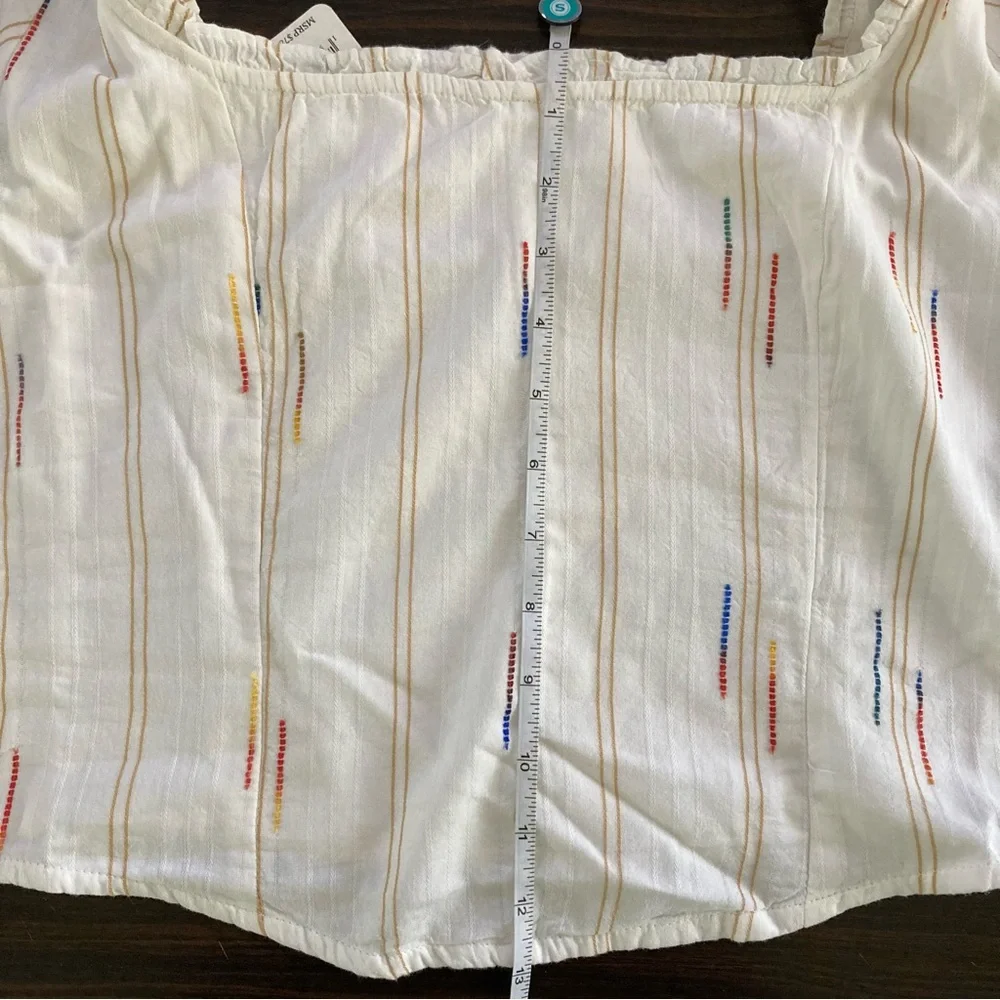 Free People Serotonin Corset Top White Puff Sleeve Top Colorful Rainbow Stitches